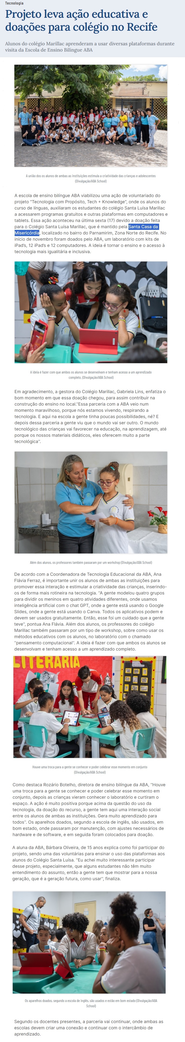 Alunos do Colégio Santa Luísa de Marillac, unidade mantida pela SCM, visitam Escola de Ensino Bilíngue ABA