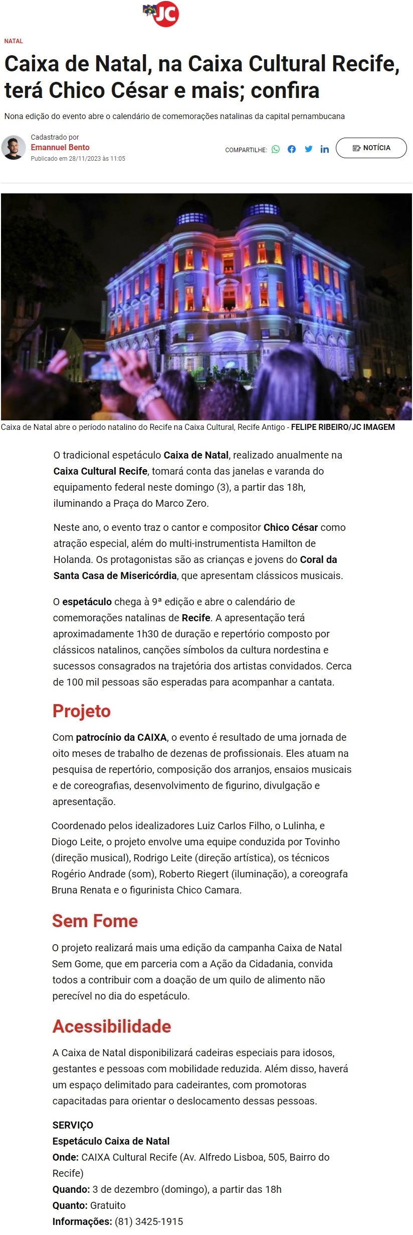 Caixa de Natal, com coral infantil da SCM, se apresentará no Marco Zero