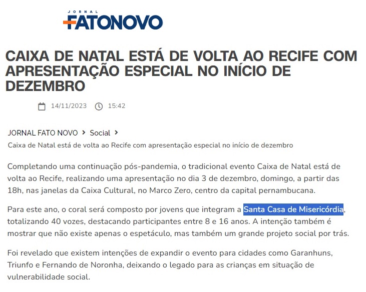 Caixa de Natal está de volta com apresentação do coral infantil da Santa Casa
