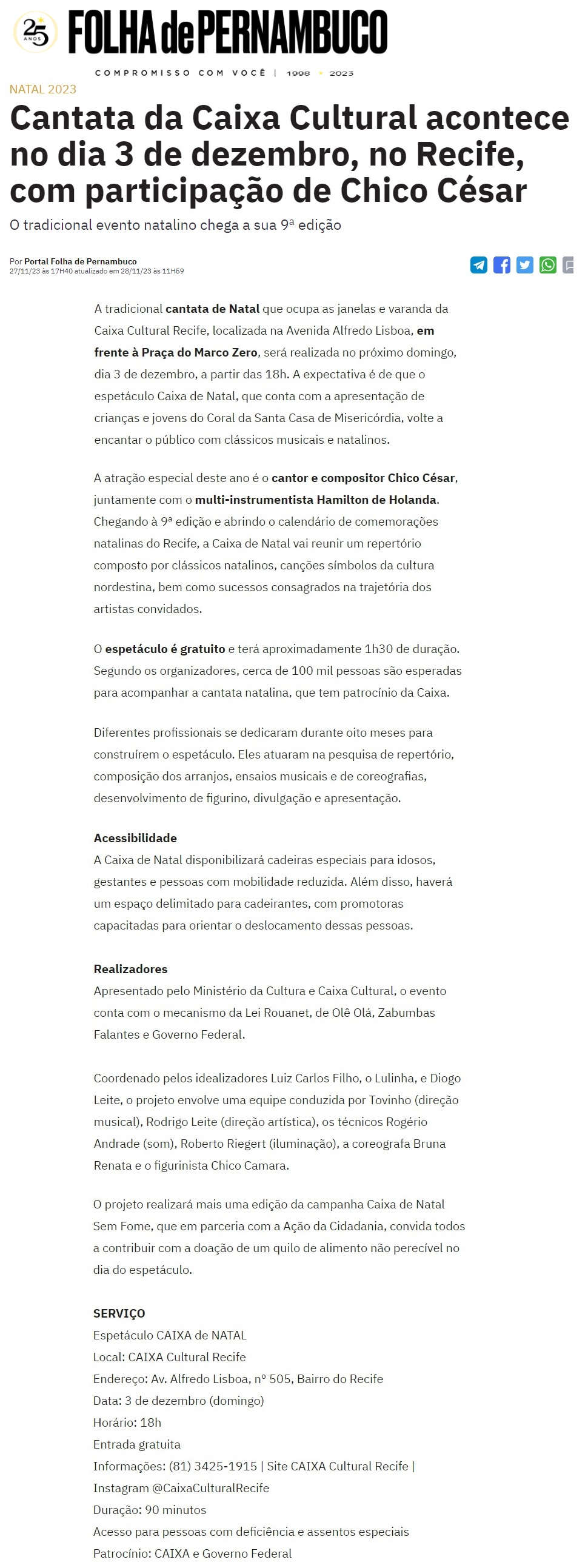 Cantata da Caixa Cultural acontece no dia 3 de dezembro, no Recife, com coral infantil da SCM