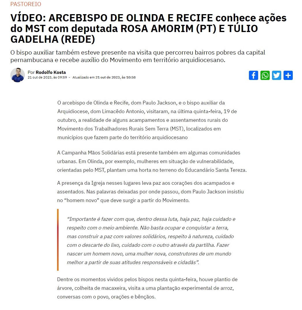 Dom Paulo Jackson conhece ações do MST no Educandário Santa Tereza com deputada Rosa Amorim e Túlio Gadelha