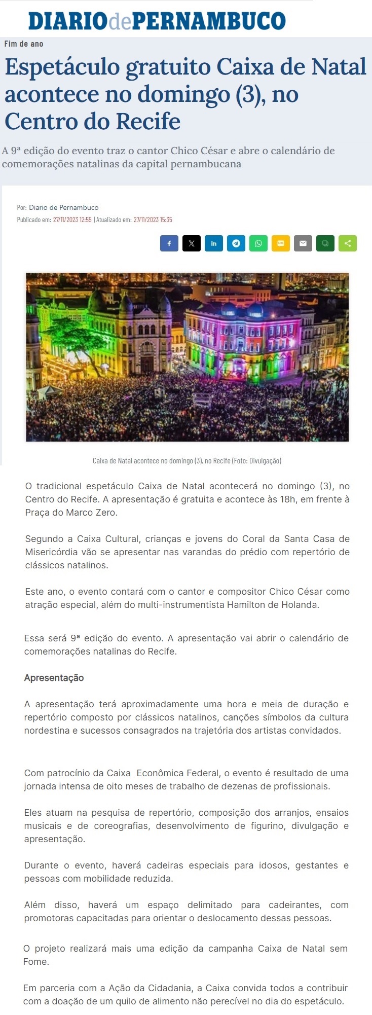 Espetáculo Caixa de Natal, com coral infantil da Santa Casa, acontece no domingo (3), no Centro do Recife
