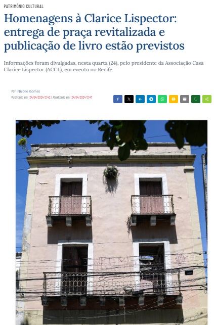 Homenagens à Clarice Lispector: entrega de praça revitalizada e publicação de livro estão previstos
