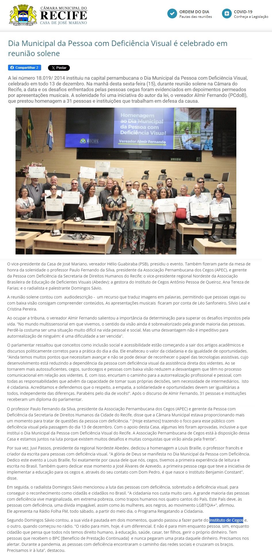 IAPQ é homenageado na Câmara do Recife no Dia Municipal da Pessoa com Deficiência Visual
