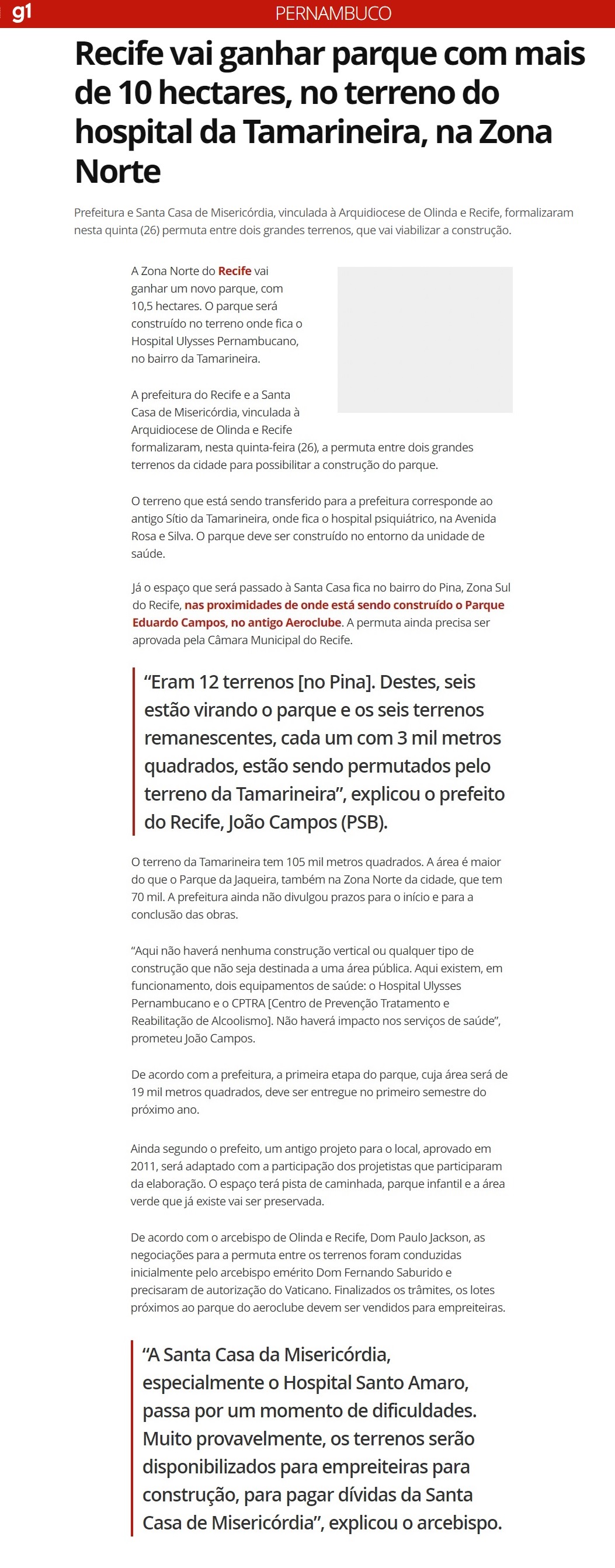 Prefeitura do Recife e Santa Casa de Misericórdia formalizaram permuta entre dois grandes terrenos para possibilitar a construção do parque