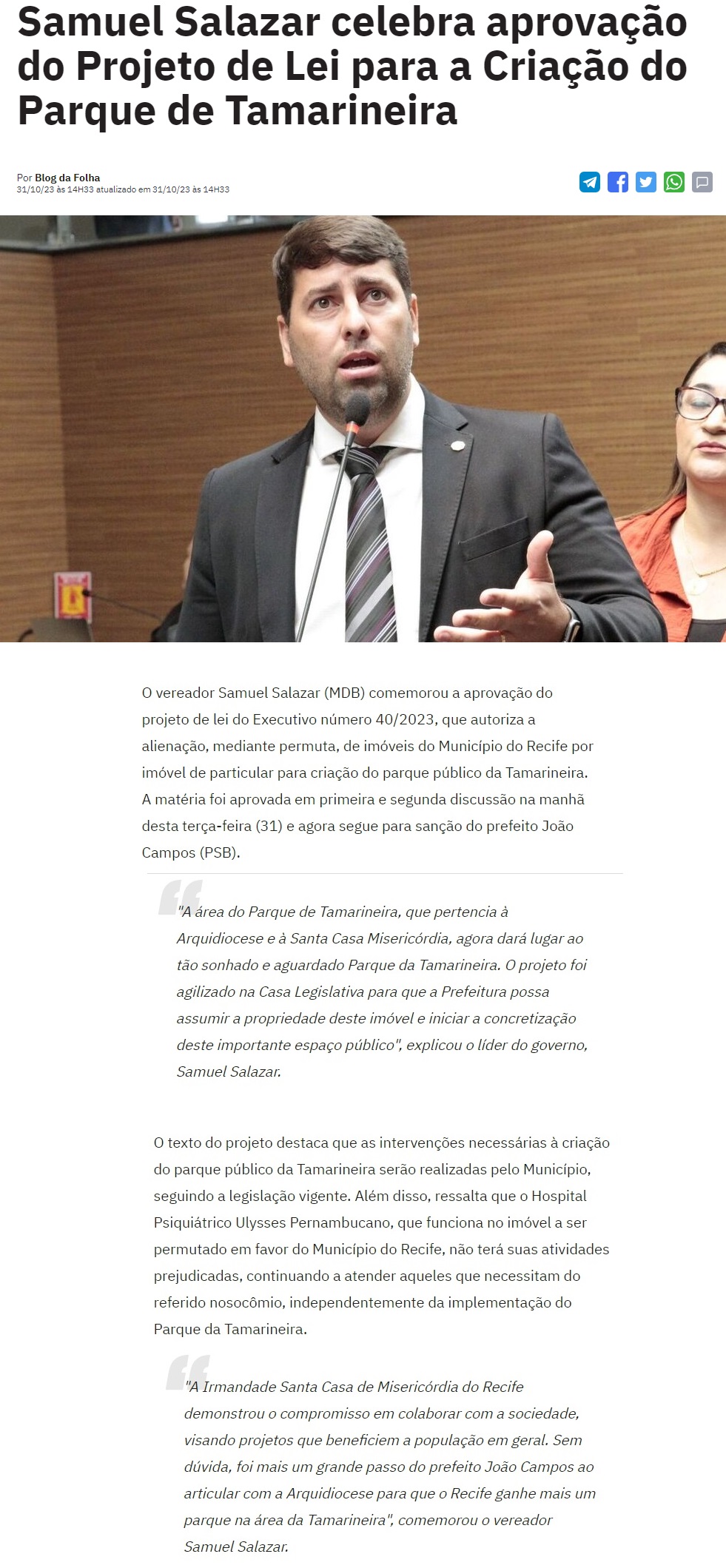 Samuel Salazar celebra aprovação do Projeto de Lei para a Criação do Parque de Tamarineira