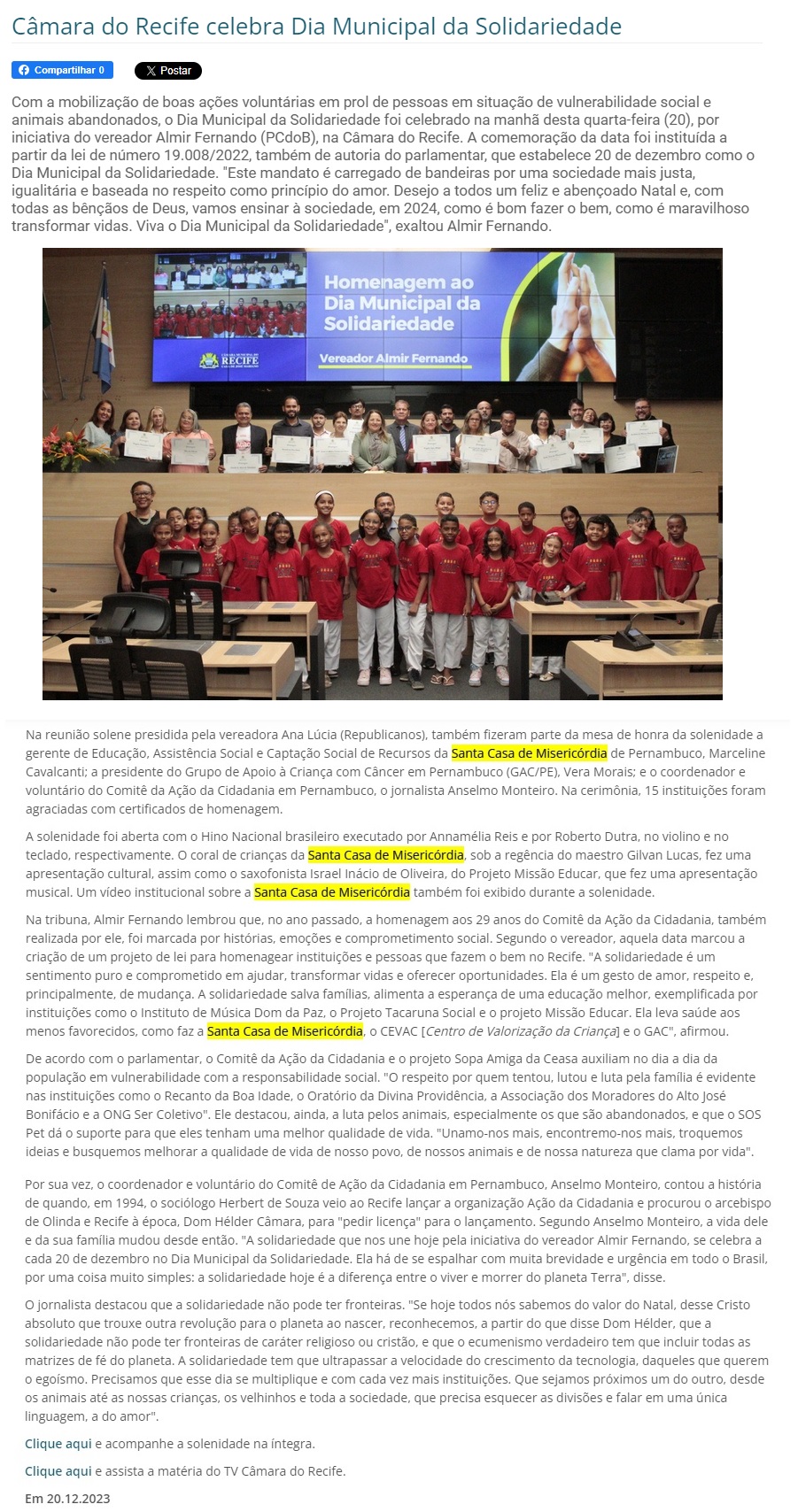 SCM recebe homenagem na Câmara Municipal do Recife