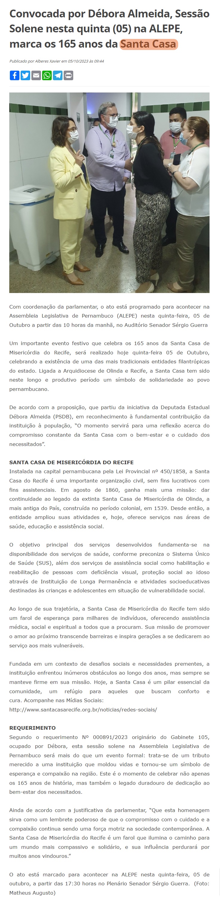 Sessão Solene na Alepe marca os 165 anos da Santa Casa