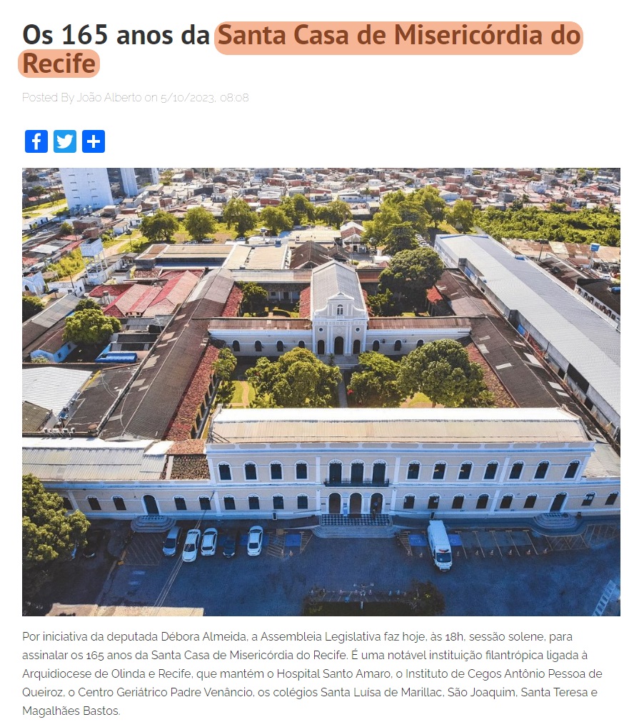 Sessão Solene para homenagear a Santa Casa acontece hoje, na Alepe