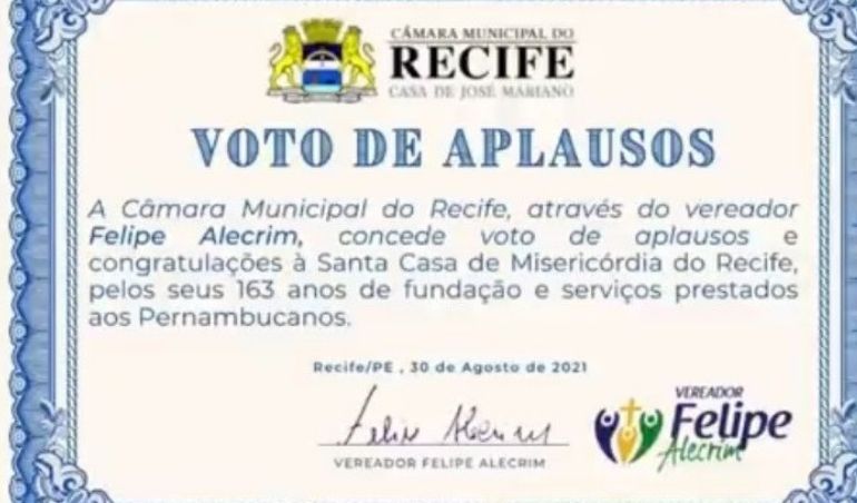 Vereadores do Recife aprovam voto de aplauso à Santa Casa de Misericórdia 