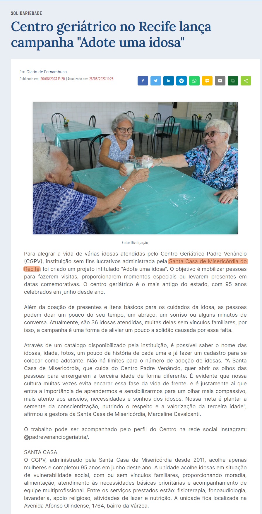 Campanha Adote Uma Idosa é destacada no Diário de Pernambuco