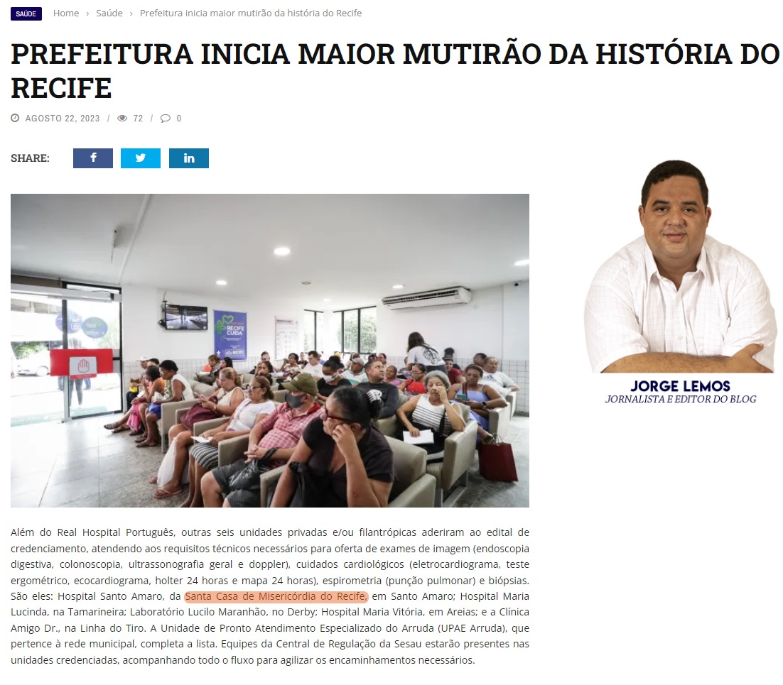 HSA, unidade da Santa Casa, está na lista do Mutirão Recife Cuida