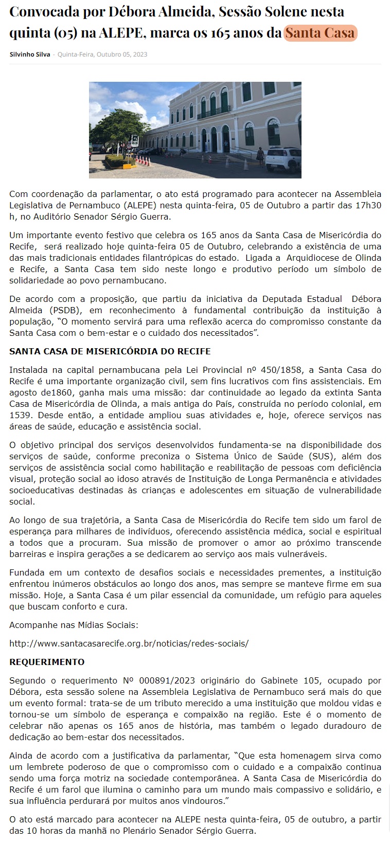 Por iniciativa da Deputada Estadual Débora Almeida, acontece hoje a Sessão Solene em homenagem a SCM