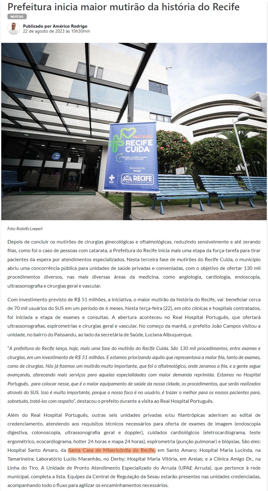 Recife Cuida contempla HSA em lista de hospitais
